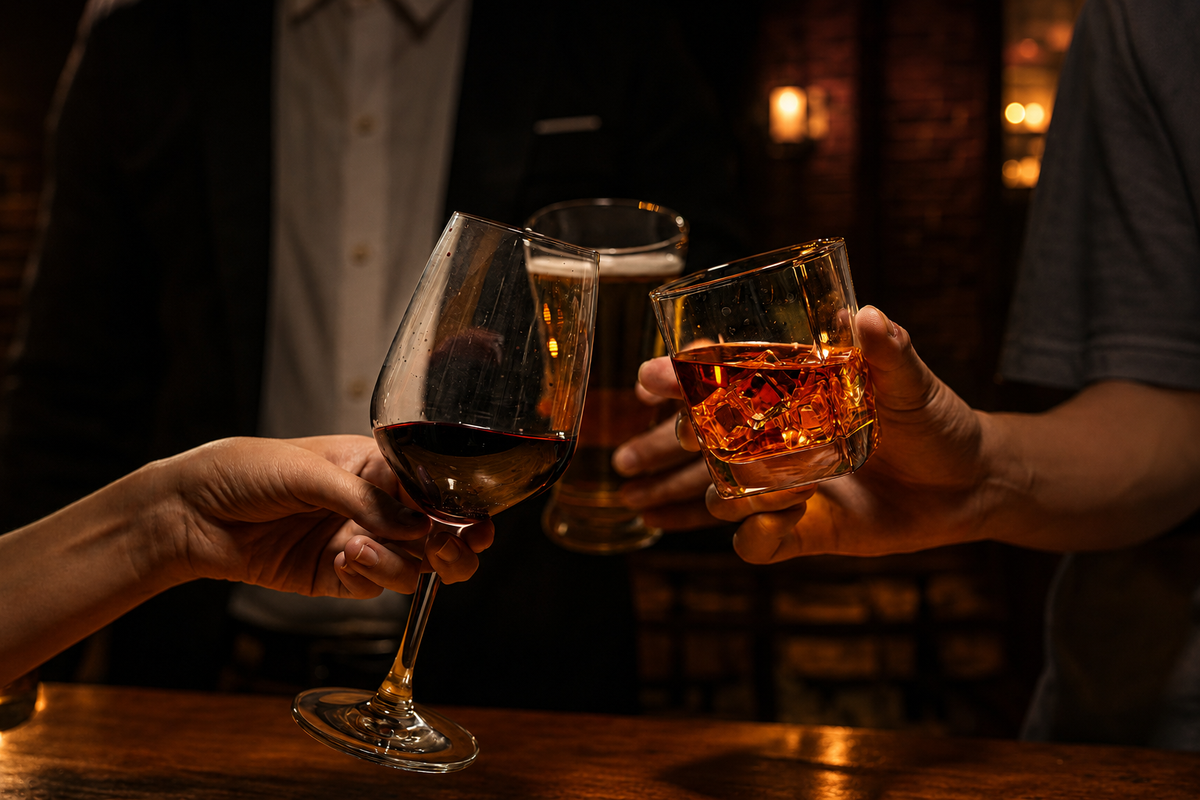 Three people at a bar clinking their glasses together in a toast. One hand holds a wine glass with red wine, another holds a pint of beer, and the third holds an amber whiskey glass with ice.