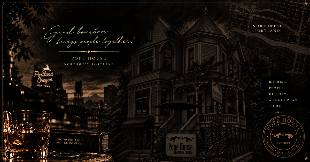 A dark, moody promotional scene for Pope House in Northwest Portland, showing a large Victorian-style house at night with lit windows, a whiskey glass, a bottle of bourbon, and overlaid text including 'Good bourbon brings people together.' and 'Pope House Northwest Portland.