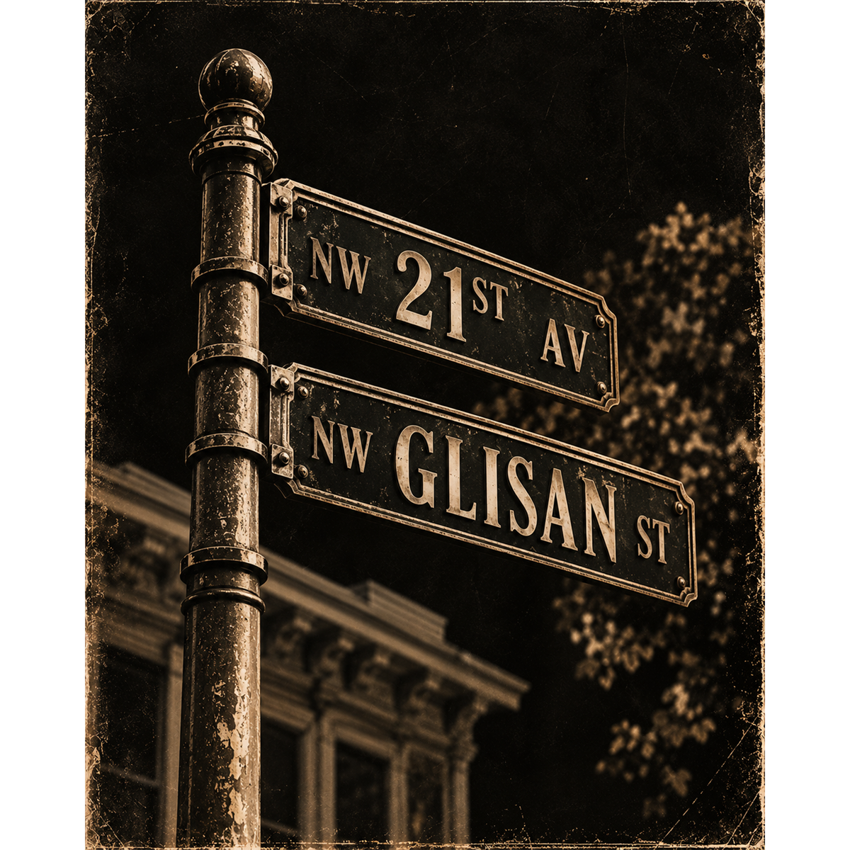 Vintage-style street sign post with two signs reading NW 21ST AV and NW GLISAN ST, shown in a sepia-toned city scene with a building and tree in the background.